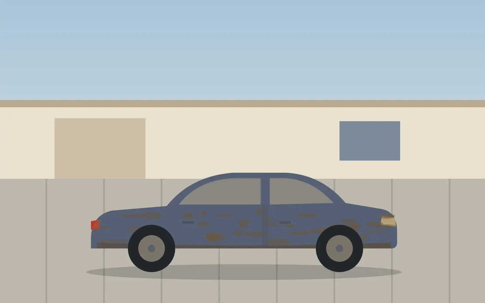 Illustration of a dusty, water-spotted car parked in a driveway
